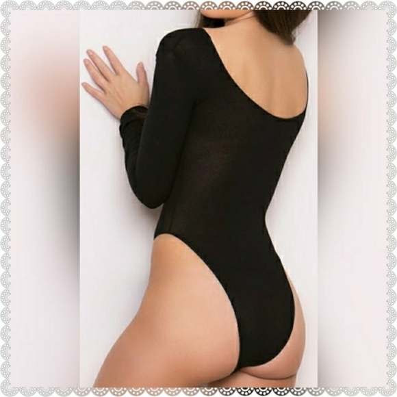 πBlack Sheer Scoop LS Bodysuit/Teddy Lingerie - Picture 3 of 7
